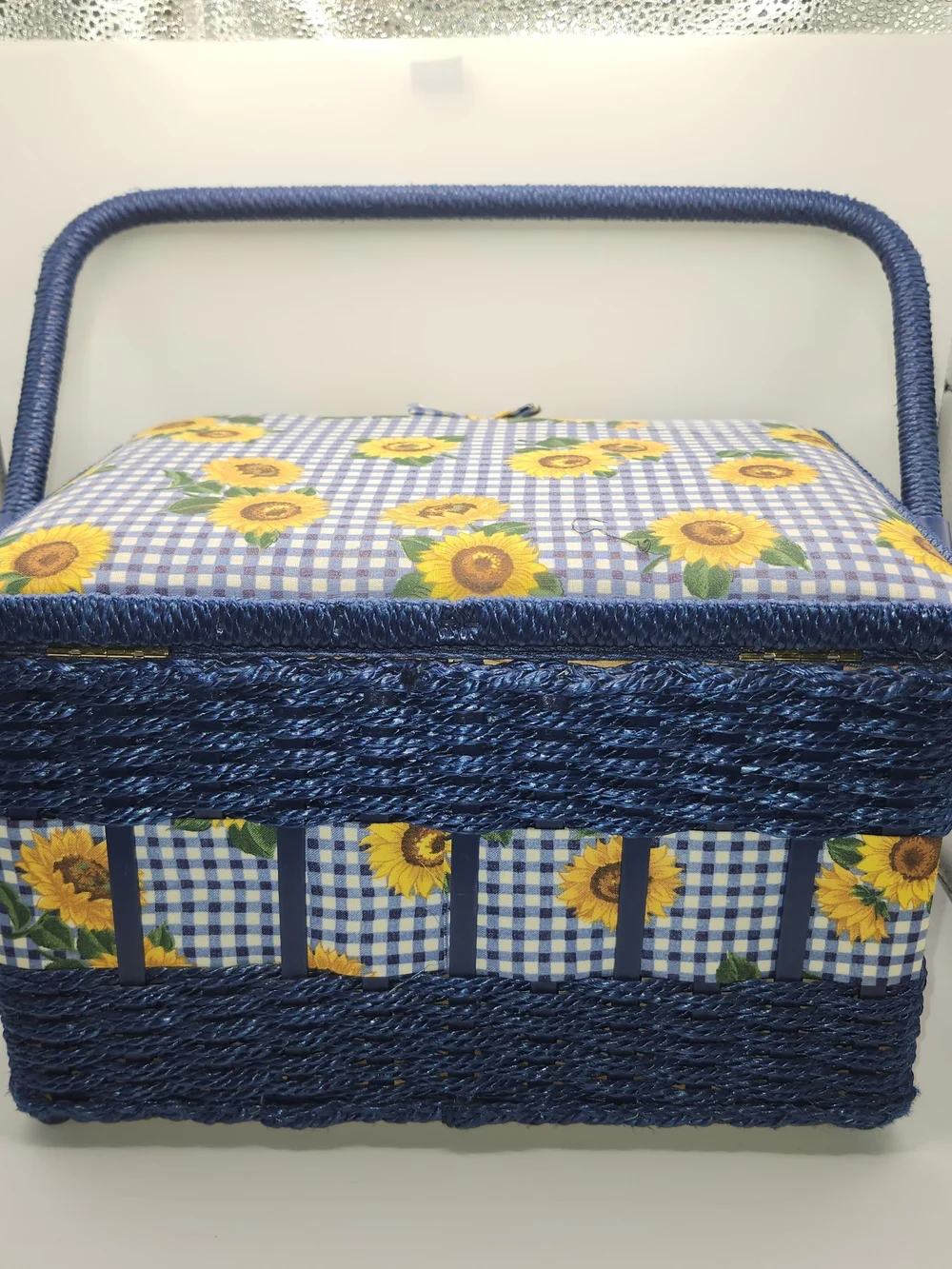Vtg Wicker Sewing Basket Blue With Sunflowers Notions Storage Box With Handle